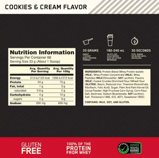クッキーアンドクリーム味の栄養成分表示